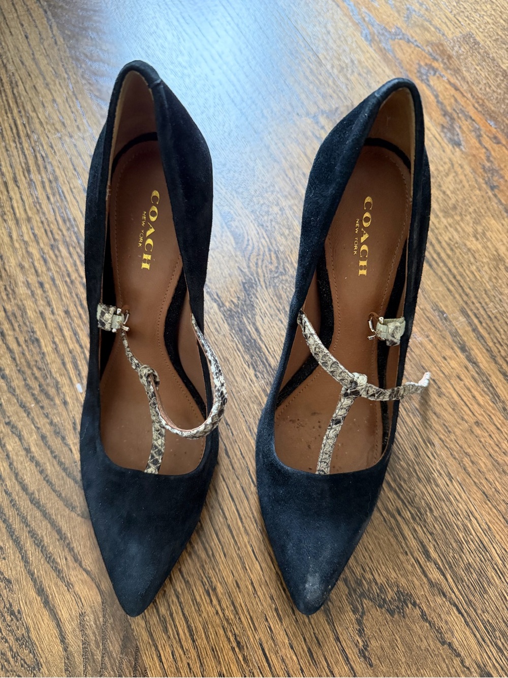 Coach Black Suede Pointed-Toe Pumps with Snake-Print T-Strap Size 7